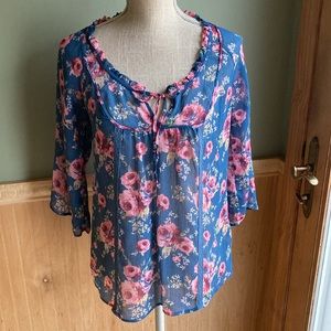 Decree sheer teal flowered blouse